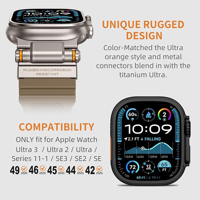 Band Compatible with Apple Watch Ultra 3/2/1 Band 49/46/45/44mm | Metal Connector with Silicone Rugged Strap for iWatch Ultra Series 11/10/9/8/7/6/SE3/SE2/SE/5/4/3/2/1, Desert Tan/Titanium