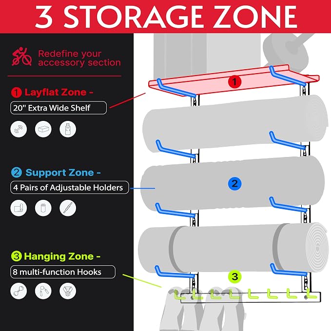 Home Gym Wall Storage Shelf, 1 Board & 4 Adjustable Holders Sets | gym wall storage shelf with 4 adjustable holder sets and 8 hooks for mats, bands, shoes and workout gear