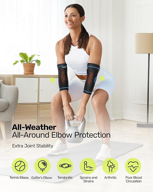 Rakiie Elbow Compression Sleeve 2 Pack, High Elastic Elbow Brace for Tendonitis and Tennis Elbow for Women & Men, Elbow Sleeve for Tennis, Golfer, Badminton, Weightlifting, Blue L
