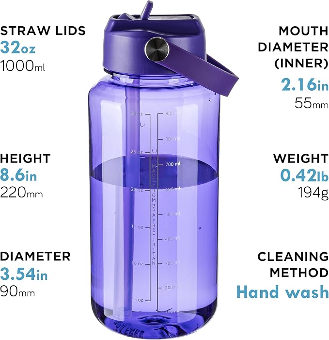OLDLEY 32oz Water Bottle with Straw,Leakproof Tritan Clear Bottle with Marked Bottle and Carry Handle, BPA-Free Wide Mouth Reusable Sports Water Bottle for Gym,Hiking, Camping, Travel, Workout,Purple