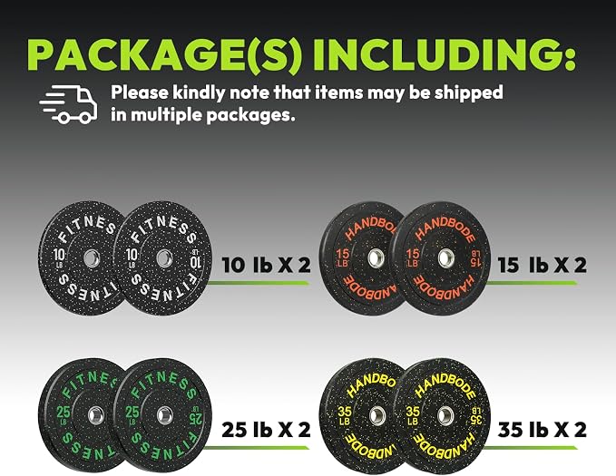 HANDBODE 2-Inch High-Bounce Bumper Plates, Olympic Weight Set, 10-650 lb | Barbell Weight Plates Set for Home Gym, Colored Weights Rubber Strength Training Plate for Weight Lifting