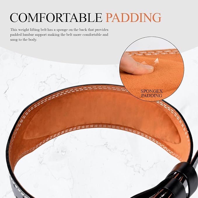 Leather Gym Fitness Belt, 4" & 6" Padded Lumbar Back Support, 10 Adjustable Holes for Weightlifting Powerlifting Bodybuilding Deadlift Squat Workout Strength Training