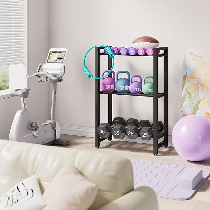 IBUYKE 2 Tier | 3 Tier Dumbbell Rack, Adjustable Weight Rack for Home Gym, Space-Saving Heavy-Duty 300LB | 450LB Capacity Weight Storage Racks for Kettlebells, Dumbbells Equipment Storage, Rack Stand Only
