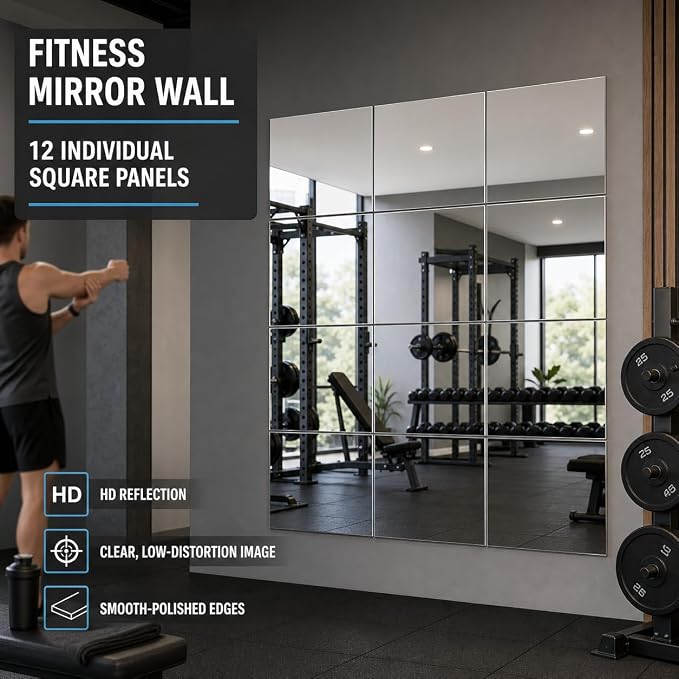 12" x 12" Glass Wall Mirror Tiles for Wall, Frameless Full Length Mirrors Wall Mounted for Home Gym Mirror Yoga Bedroom Dancing Studio Dressing Room (12PCS)