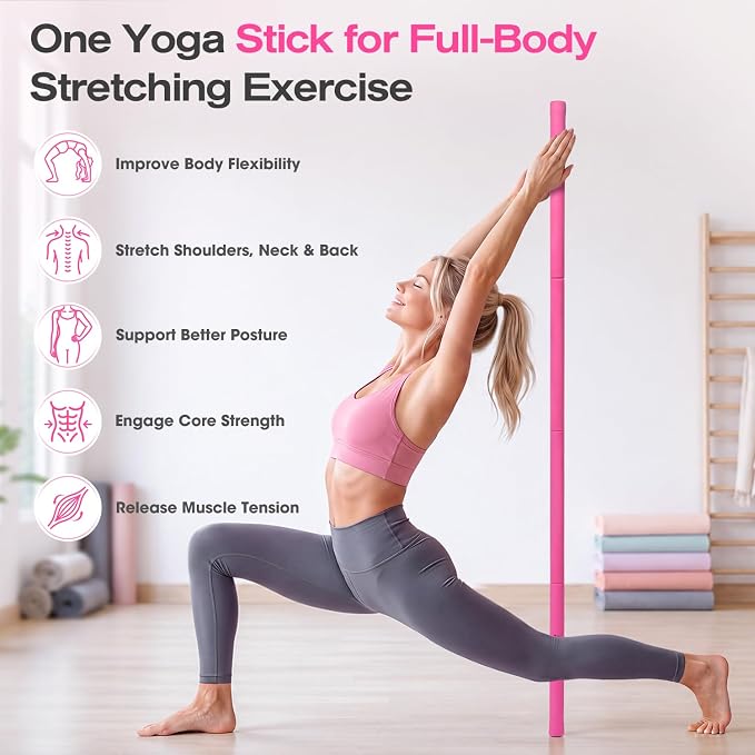 Yoga Stick, 58 Inch Mobility Stick with 3 Adjustable Lengths. Threaded Stable Alloy Steel Exercise Equipment for Stretching, Fitness, Posture Correction & Therapy - For Women & Kids at Home