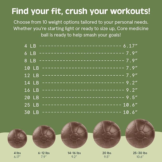 Core Weighted Medicine Ball 4, 6, 8, 10, 12, 14, 16, 20, 25, 30 lbs, Soft Touch Vegan Leather with Sturdy Grip for Strength Training, Recovery, Balance Exercises and Other Full-Body Workouts