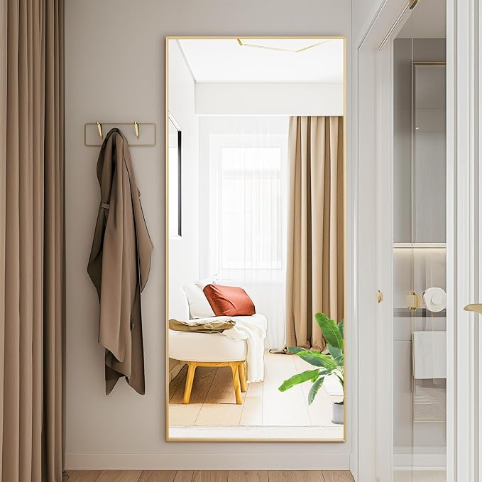 DUMOS 21"x56" Full Length Mirror with Stand, Floor Standing Aluminum Frame, Shatter-Proof Nano Glass for Bedroom, Living Room, Cloakroom – Modern Simple Home Decor,Can Be Hanging or Leaning, Gold