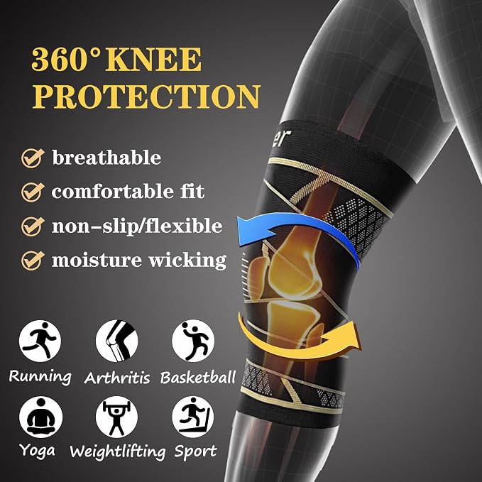 Copper Knee Braces with Strap for Knee Pain Women and Men(2 Pack), Knee Compression Sleeve for Arthritis, ACL, Meniscus Tear, Joint Pain Relief, Knee Support for Working, Running, Weightlifting(M)