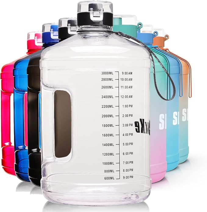 SLUXKE Gallon Big Water Bottle with Handle, 128oz Leakproof BPA Free Fitness Sports Water Bottle with Motivational Time Marker & Wide Mouth Ensure You Drink More Water