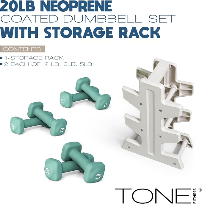 Tone Fitness Neoprene Dumbbell Set with Storage Rack – Non-Slip, Anti-Roll Hand Weights for Home Gym Workouts | 20 lb, 32 lb, 50 lb, 60 lb & 100 lb Options