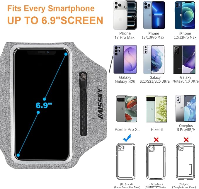 Running Armband with Earphone Pouch Fits Phones up to 6.9" | Cell Phone Armband for iPhone, Water Resistant & Breathable Sports Phone Holder & Zipper Pocket Car Key Holder for Jogging
