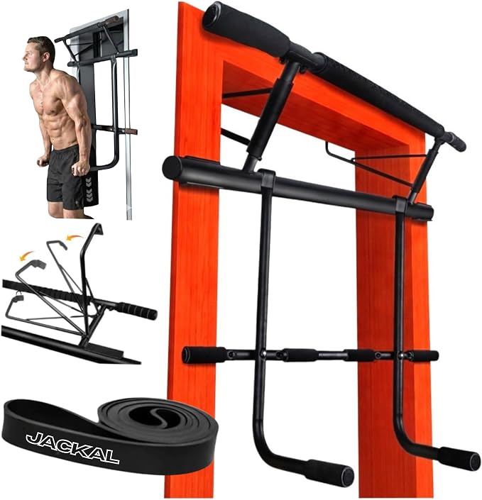 JACKAL Door Pullup Bar and Dip Bar Station - Multi Grip, Removable Dip Bars, Rigid NO WOBBLE, Easy Folding Storage, No Screws, Dip Station and Pull-up Bar for Doorway, Collapsible Dip Station, No Door Damage, High Weight Capacity, Foldable Bodyweight W...