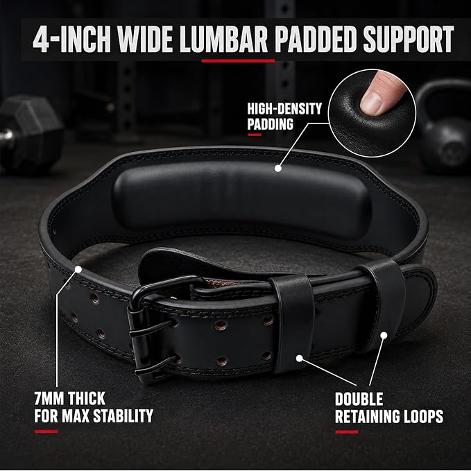 Weight Lifting Belt for Squat Deadlift Powerlifting Gym Workout | 4 Inch Padded, Men Women Fit, Adjustable Prong Buckle, Bodybuilding, Gym Workouts, Cross Training, Competition Use