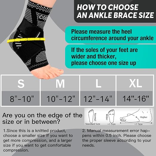INDEEMAX Ankle Brace for Sprained Ankle Compression Sleeve, Copper Infused Ankle Support Brace for Women & Men, Plantar Fasciitis Relief Achilles Tendonitis, Sports Running, Silver Black, XL