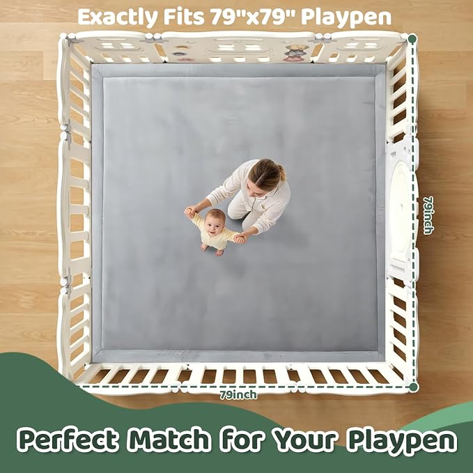 Baby Play Mat for Floor, 79'' x 79'' Thicken Foam Soft Padded Playmat for Tummy Time, Playpen Mat for Toddlers Infant Kids, Water-Repellent Coral Velvet, Non-Slip Bottom Safe for Crawling (Light Grey)