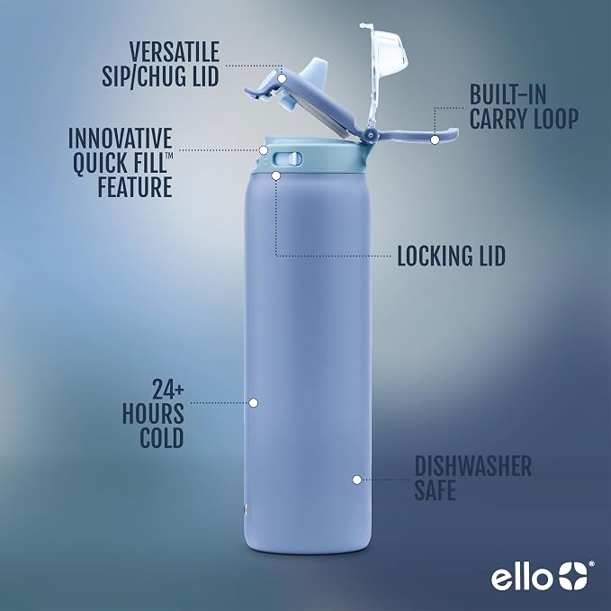 Ello Pop & Fill Insulated Stainless Steel Water Bottle with Quick Fill Lid, Leakproof Locking, Sip or Chug Spout, BPA-Free, Double Wall Vacuum Insulated for Sports, Travel & School- 22oz / 32oz / 40oz