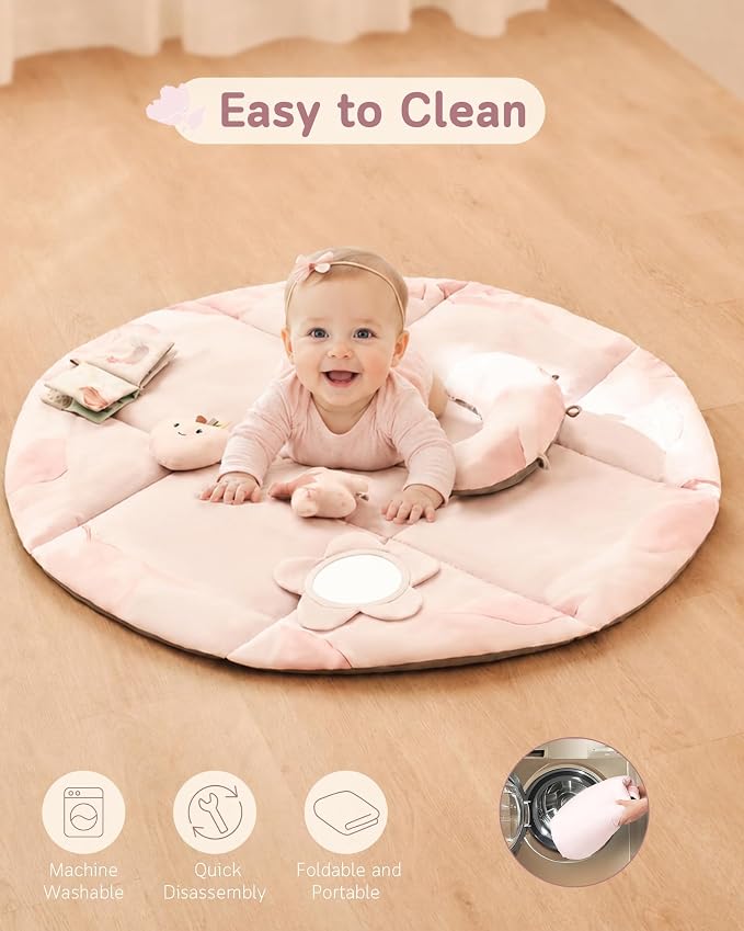 Baby Play Gym & Mat, Tummy Time Mat for Babies 0-12 Months, Pink | Machine-Washable Foldable Activity Mat with 5 Detachable Toys; Certified Safe Newborn Essentials Gift for Baby Registry