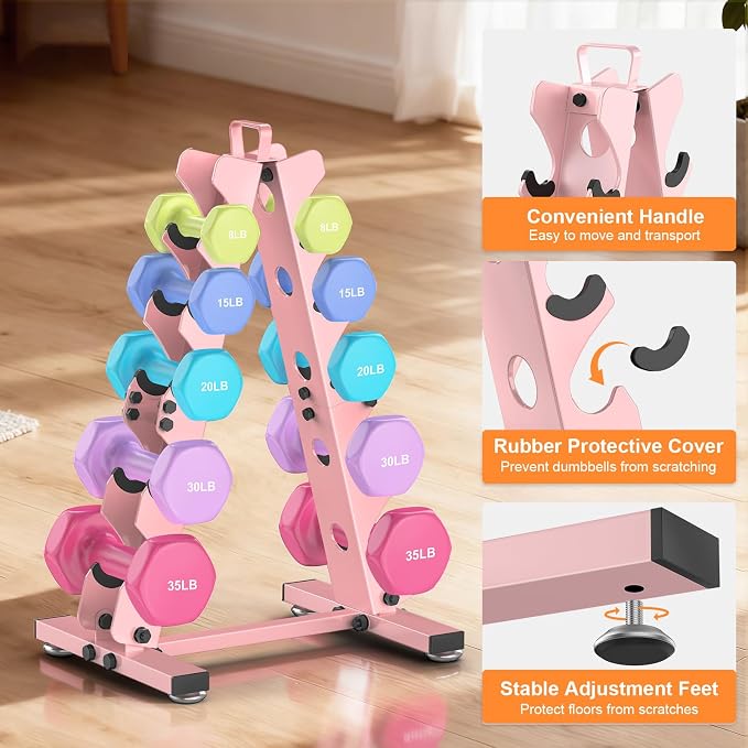 TomCare 6-Tier|5-Tier|4-Tier|2-Tier Dumbbell Rack Stand Only for Home Gym | Stable A-Frame, Fits 5–35 lb Dumbbells, Protective Padded Cradles, Adjustable Feet, Easy-Carry Handle (Stand Only)