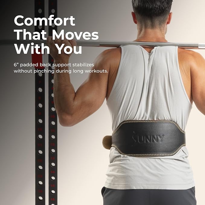 Sunny Health & Fitness S-XXL Leather Weightlifting Belt w/ 6" Back Support