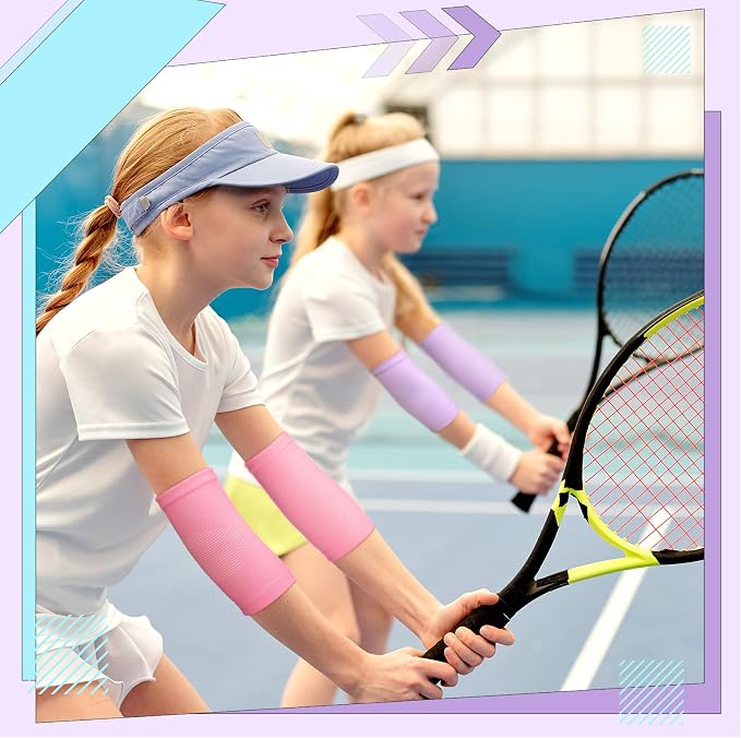 Lenwen 4 Pairs Kids Elbow Brace Compression Arm Elbow Sleeve Knit Guard Gym Protectors for Boys Teen Children Girls Basketball Volleyball Tennis Cycling(5-10 Years,Light Pink, Red, White, Purple)
