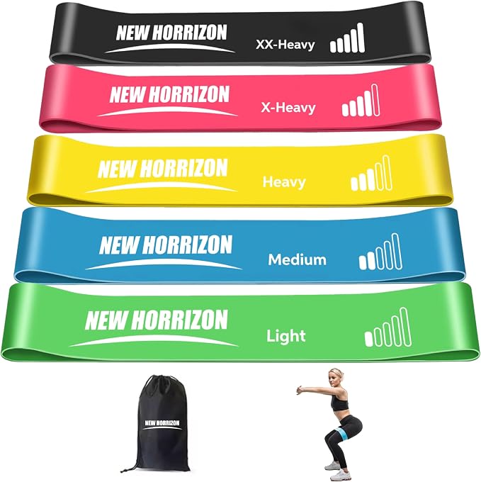 New Horrizon Resistance Bands for Working Out Set of 5 with Carry Bag, Resistance Loop Exercise Bands for Strength Training, Physical Therapy & Pilates, Home Gym Workout Equipment for Men & Women