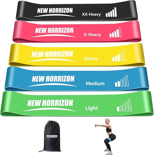 New Horrizon Resistance Bands for Working Out Set of 5 with Carry Bag, Resistance Loop Exercise Bands for Strength Training, Physical Therapy & Pilates, Home Gym Workout Equipment for Men & Women