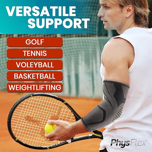 PhysFlex Elbow Brace 2 Pack for Tennis & Golfer's Elbow Pain Relief - Elbow Compression Sleeve for Weightlifting, Workout, Fitness, Arthritis, Bursitis - Tendonitis Elbow Brace for Men & Women