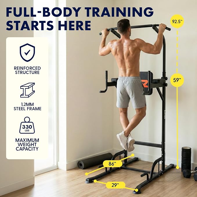 Power Tower Pull Up Station with Free Standing Pull Up Bar, Multi-Grip Workout Frame with 6 Adjustable Heights, H-Base Stability, Steel Construction, 330 lb Capacity for Home Gym, Black