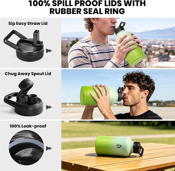 RAYMYLO Insulated Water Bottle 64 oz, Triple Wall Vacuum Stainless Steel | (Cold for 48 Hrs), Leak Proof & Non-BPA, Half Gallon Water Flask Jug with Paracord Handle & Straw Spout Lids