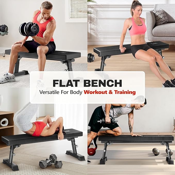 Weight Bench, Foldable Flat Bench with Gym Quality 1300 LBS Capacity | 5-Level Height, 2.5" Thick Cushion, Sturdy T-Legs, Compact Storage Flat Bench for Weight Training and Ab Exercises, Black