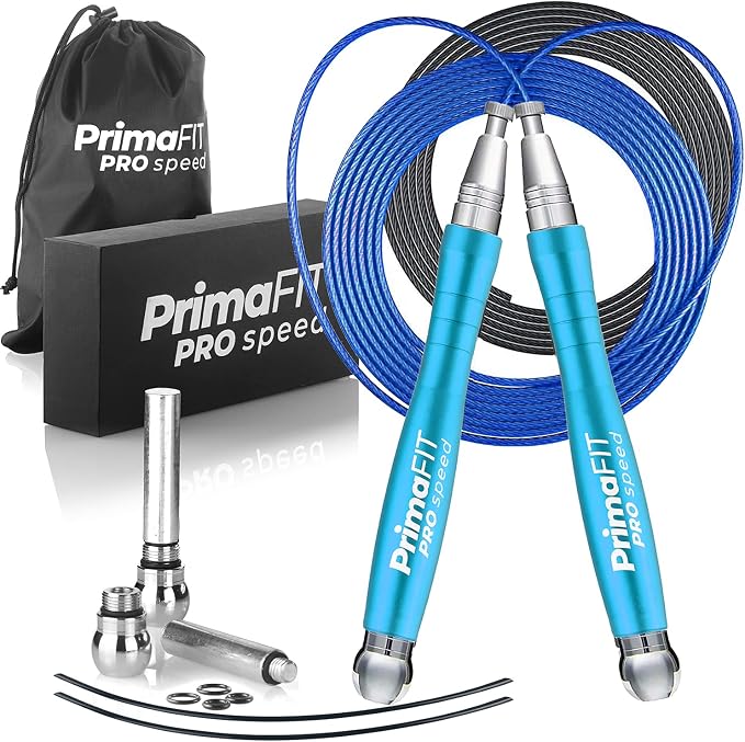 PrimaFIT Pro Speed Jump Rope for Adults, Weighted Skipping Rope for Boxing | Adjustable Jumping Rope for Fitness Workout & CrossFit Exercise, Double Unders, Handle Weights, 3m Cables 2 Protectors, Bag