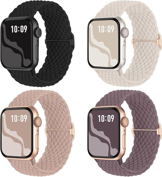 4 Pack Braided Stretchy Bands Compatible with Apple Watch 40mm 41mm 38mm 42mm 44mm 45mm 46mm 49mm Women Men, Breathable Nylon Elastic Daily Use Straps for iWatch Series 11/10 9 8 7 6 5 4 3 SE/Ultra 2