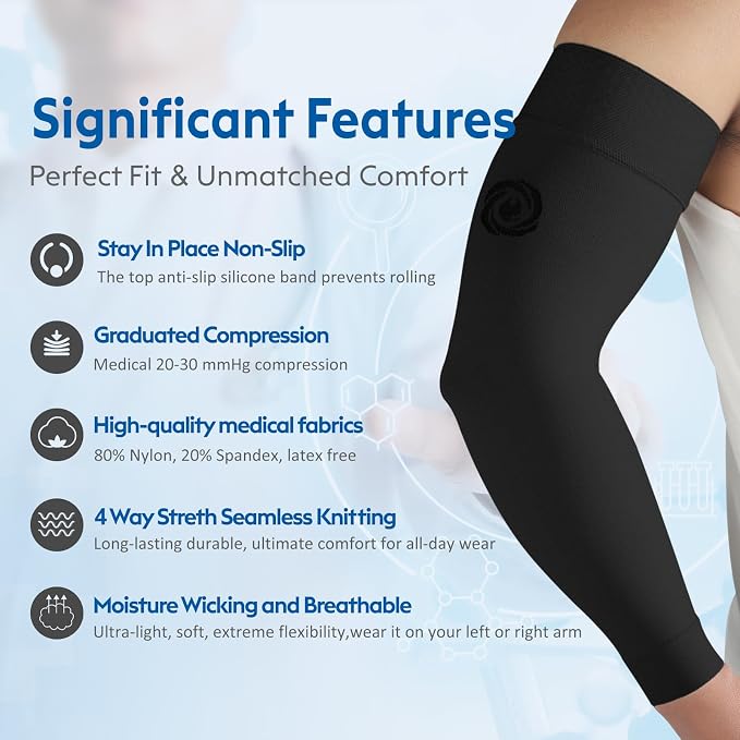 NURCOM Compression Arm Sleeve, 20-30 mmHg, No Silicone, Black S | For Lymphedema, Lipedema, Pain Relief, Edema, Swelling, Post Surgery Recovery, 2 Pack