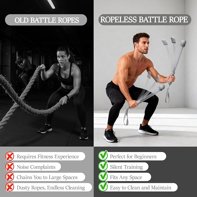 Ropeless Battle Ropes for Exercise Workout Rope, Portable Workout for Home Gym, Exercise Battle Ropes for HIIT Workouts, Low-Impact Cardio Training (Grey with Ring)