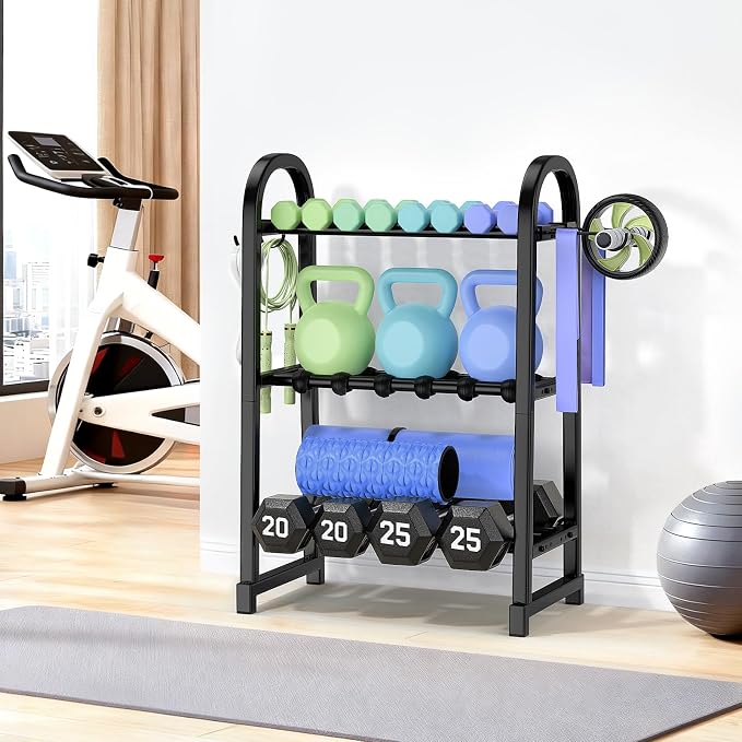 3 Tier Dumbbell Rack - Weight Rack for Home Gym: 360LB, Stand Only | Heavy Duty Adjustable Storage Rack with Hooks, Dumbbell Stand & Weight Holder, Organizer Shelf for Home Gym
