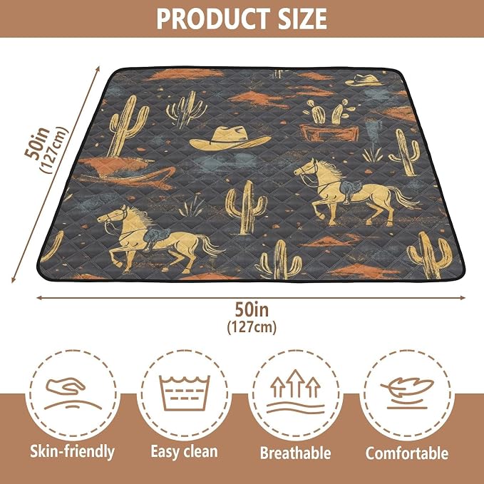 Baby Play Mat Western Cowboy Horse Cactus 50" X 50" Play Gym Crawling Mat Soft Non-Slip Portable Picnic Floor Mat for Infant, Babies, Toddler, Kids