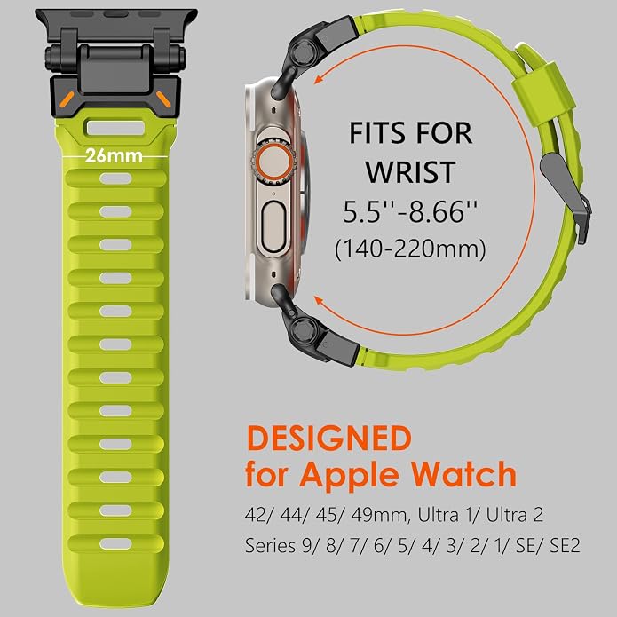 WINGLE FKM Rubber Bands for Apple Watch Band Ultra 3/2/1 Band Ultra 49mm Series 11 10 46mm 45mm 44mm 42mm SE 3/2/1 9 8 7 6 5 4 3 Men, Military Rugged Metal Connector Silicone Apple iWatch Sport Bands