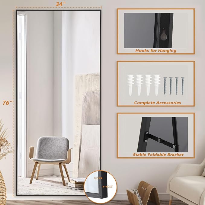 Large Full Length Mirror, 76"x34" Oversized Floor Mirror, Black | Free Standing, Leaning Wall, Hanging, Full Body, for Bedroom Living Room Gym, Tempered Glass, Rectangular