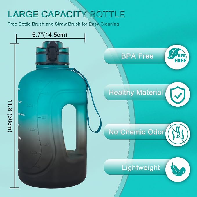 GEMFUL 3 Liter Water Bottle with Straw BPA-Free Sports Jug (Green/Black) | Leak-proof, Tracks Daily Intake, Great for Gym, Hiking, Camping, Home,Office, Travel, Women,Men