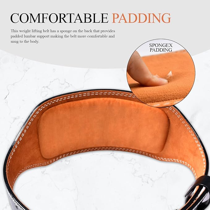 Leather Gym Fitness Belt, 4" & 6" Padded Lumbar Back Support, 10 Adjustable Holes for Weightlifting Powerlifting Bodybuilding Deadlift Squat Workout Strength Training