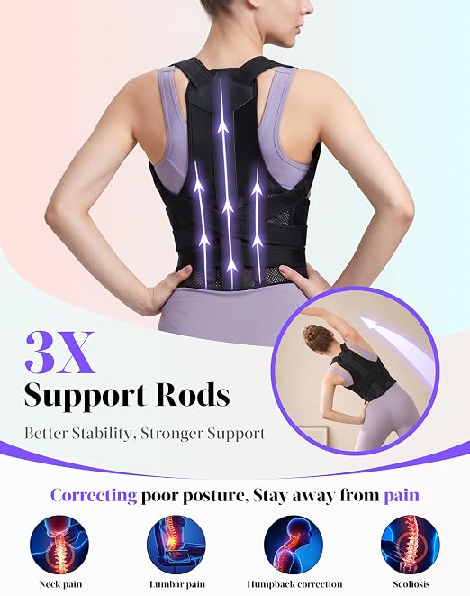 Posture Corrector for Women and Men, Full Back Support Brace, Adjustable Shoulder Straightener, Improving Posture, Relief Upper and Lower Back, Neck Pain, Full Black, Medium