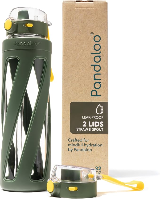 Pandaloo® Orbit 32 oz Glass Water Bottle with 2 Leak-Proof Lids (Straw & Spout), Wide Mouth, Borosilicate Glass, BPA-Free, Cup Holder Friendly for Gym, Work, Travel & Daily Hydration– Olive