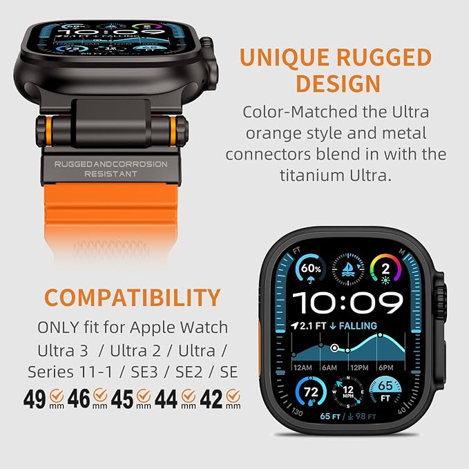 Band Compatible with Apple Watch Ultra 3/2/1 Band 49/46/45/44mm | Metal Connector with Silicone Rugged Strap for iWatch Ultra Series 11/10/9/8/7/6/SE3/SE2/SE/5/4/3/2/1, Orange/Black