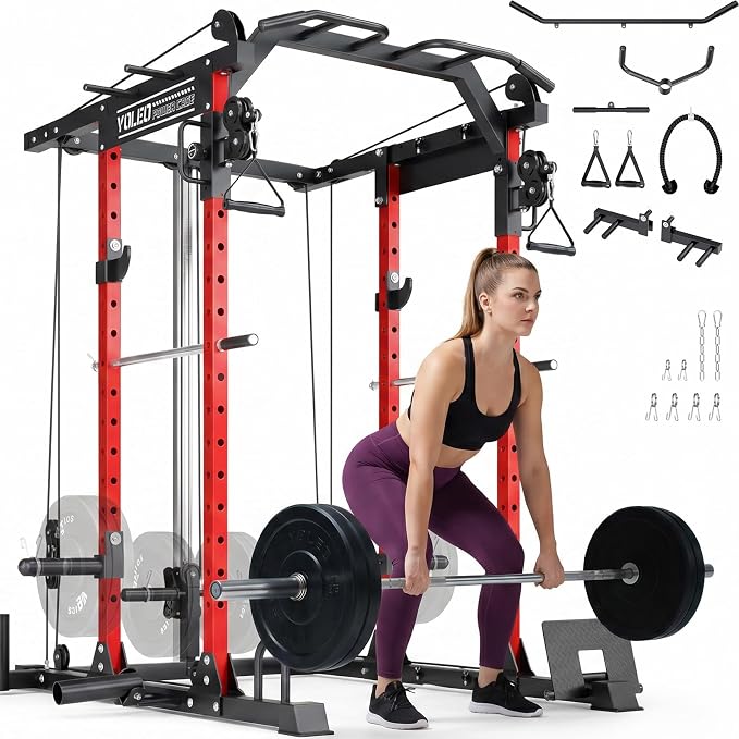 YOLEO Smooth Pulley System Power Cage, Adjustable Cable Crossover Power Rack, Multi-Functional Cable Machine for Home Gym