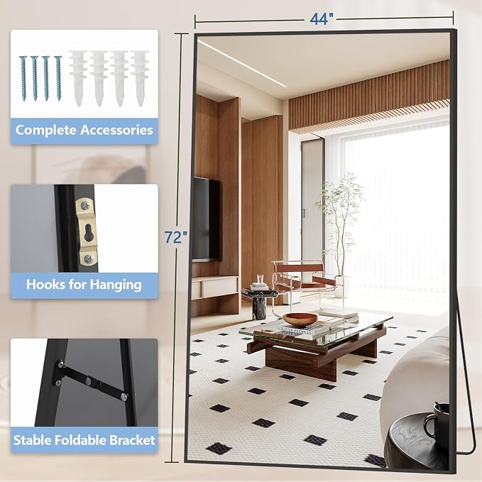 MirrMuse Large Mirror Full Length 72"X44",Oversized Floor Mirror with Stand | Black Aluminum Alloy Frame, Free Standing, for Gym Bedroom Living Room, Hanging or Leaning, Shatterproof Tempered Glass