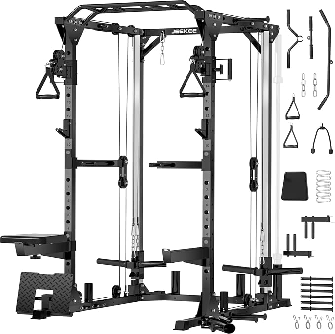 JEEKEE Power Cage with Cable Crossover System, 2000LB Multi-Function Power Rack with Independent Dual Pulleys, LAT Pulldown Seat Cushion, 20+ Attachments Squat Rack for Home Gym Workout,Black