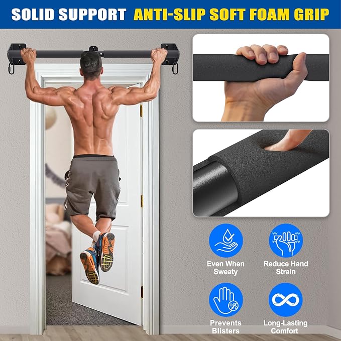 Kipika Wall Mounted Pull Up Bar - Heavy Duty 500 LB Capacity Doorway Chin Up Bar for Home Gym, Sturdy Steel Construction with Resistance Band Hooks | Hanging Exercise Bar for Full Body Workout