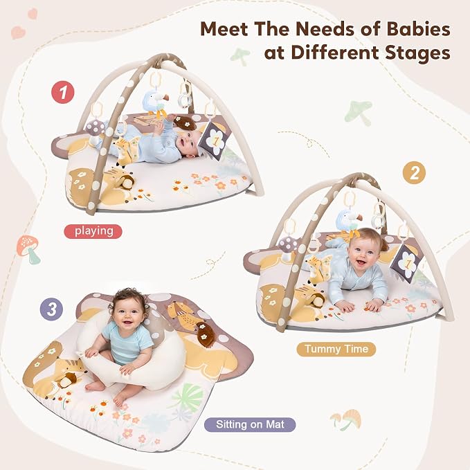 3-in-1 Baby Play Mat & Baby Seats for Infants for Sitting Up, Tummy Time Gym Activity Mat with 5 Detachable Toys, for Babies 0-6-12-18 Months, Newborn Babies Shower Gifts(Khaki)