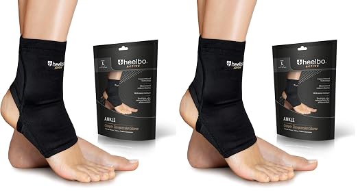 Heelbo Ankle Compression Sleeve and Compression Sock Made with Copper Infused Fibers and Breathable Fabric for Planter Fasciitis, Achilles Tendonitis or Arch Support, Black, Large (Pack of 2)