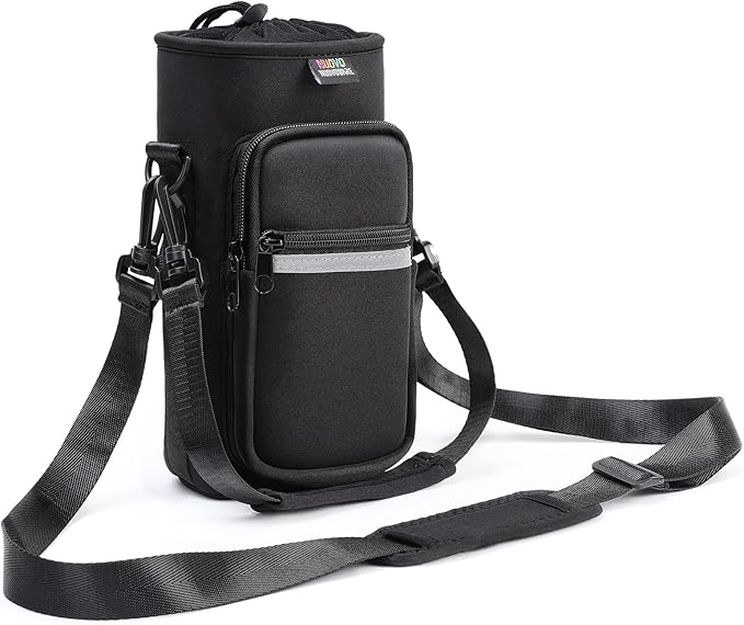 Nuovoware Water Bottle Carrier Bag, 40oz Bottle Pouch Holder, Adjustable Shoulder Hand Strap 2 Pocket Sling Neoprene Sleeve Sports Accessories for Hiking Travelling Camping, BlackCarbon